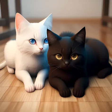 4 gatinhos,  dois preto e dois branco, filhotes, 3d, fofos, animais