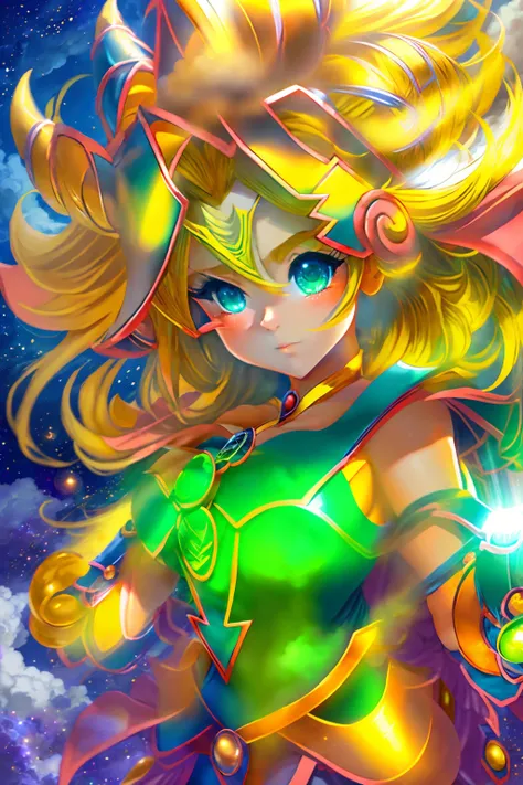 ((Obra maestra)), ((La mejor calidad)), ((Super detailed)), (Highly detailed CG illustration), Impresionante fondo negro y dorado, fondo de nube blanca cielo, chica dark magician girl cosplay super Saiyan Sun Goku de pie sobre una nube amarilla, The cloud ...