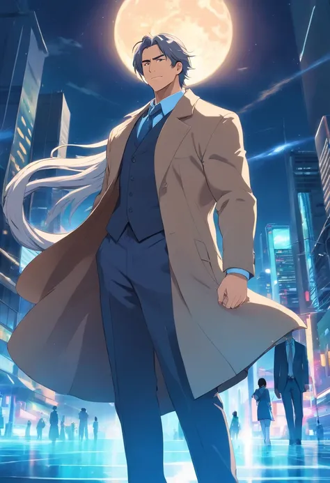 masterpiece, best quality, movie still, 1man, big man, muscular man, business outfit, long coat, white long hair, sleek hair, strong, indestructible, powered by the moon looking down on people, cane in hand, big grin