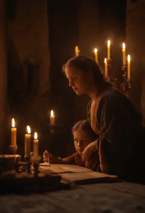 Realistic photo, A realistic photo of three children. um menino de 12 anos, europeu, cabelos loiros. uma menina de 11 anos, europeia e cabelos escuros. uma outra menina de 14 anos, indiana, cabelos escuros. They are sitting on the floor around a lit candle...