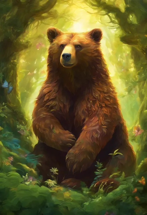 (a unique bear pokemon),illustration,realistic,highres,ultra-detailed,vivid colors,sharp focus,studio lighting,big,fluffy,brown fur,sparkling eyes,powerful claws,friendly expression,standing tall on hind legs,in a lush green forest,sunlight filtering throu...