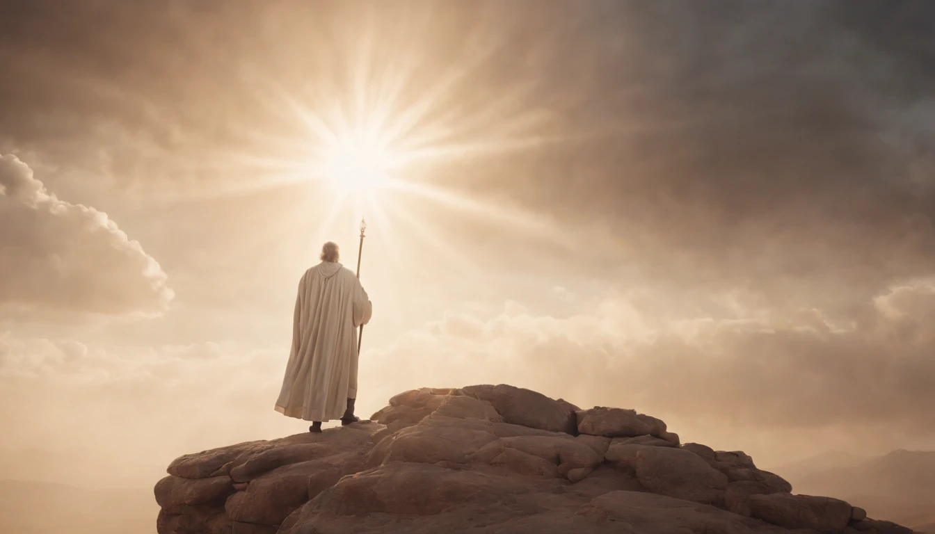 crie uma imagem realista na horizontal,  where an older man is raptured to heaven and finds the throne of God. the image needs to reflect the passage in the Bible where Paul describes his rapture.