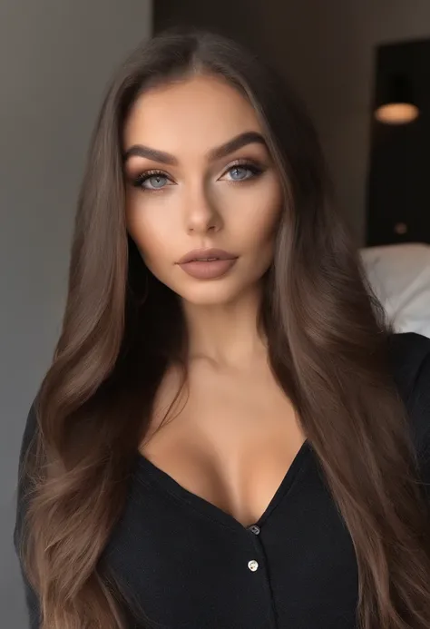 Arafed woman with black clothes, fille sexy aux yeux bruns, Portrait Sophie Mudd, cheveux bruns et grands yeux, selfie of a young woman, Yeux de chambre, Violet Myers, sans maquillage, maquillage naturel, looking straight at camera, Visage avec Artgram, Ma...