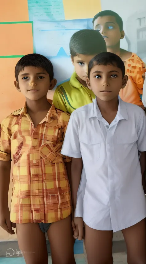 several children standing in front of a wall with posters on it, cute boys, deep image, enhanced photo, edited, boys, children, jayison devadas, twins, a boy, special, centre image, kid, small and sharp pupils, two young men, siblings, center of image, a p...