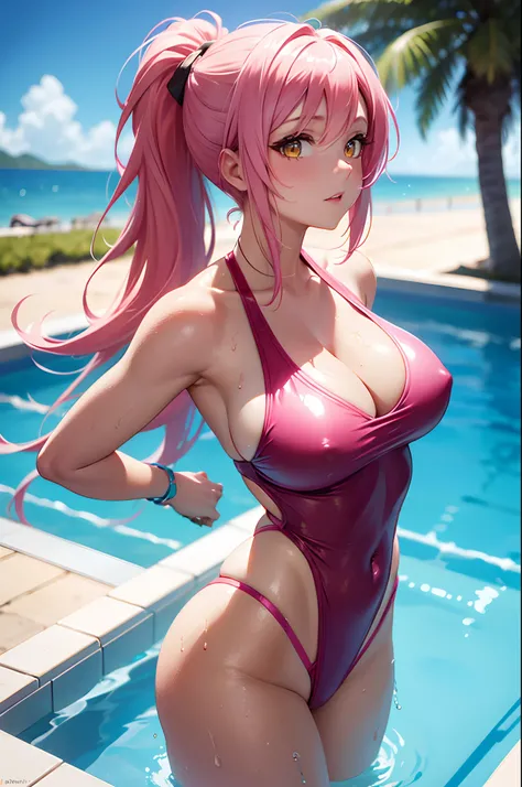 vibrant colors, girl, masterpiece, sharp focus, best quality, depth of field, cinematic lighting, ponytail, yellow eyes, pink hair, wet skin and hair, large breasts, mature lady, swimsuit, gleaming skin, shiny hair, detailed and beautiful shiny clothes, po...