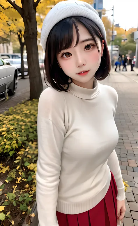 masutepiece:1.2, High quality, Best Quality, High resolution, Hyper realistic, girl with, a short bob，hair messy, Light gray eyes,Infinitely clear eyes，sixteen years old，High neck inner，Red knitted hat，muffler，long  skirt，Standing，Head tilt, plein air，Autu...