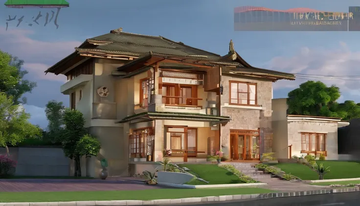 Crie uma imagem de uma casa com vistar externa, casa japonesa que incorpore os seguintes elementos e estilos: 1. Japanese Antique Style: A base da casa deve ser inspirada na arquitetura tradicional japonesa, com telhados de telha, paredes de papel shoji e ...