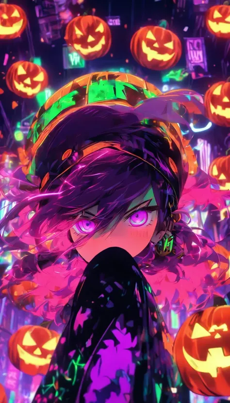 masterpiece anime girl with a pumpkin hat and a black top, ((((( PURPLE  GREEN NEON VIBRANT COLORS))))) halloween art style, mechanized witch girl, best anime 4k konachan wallpaper, anime art wallpaper 4k, anime art wallpaper 4 k, halloween theme, 4k anime...