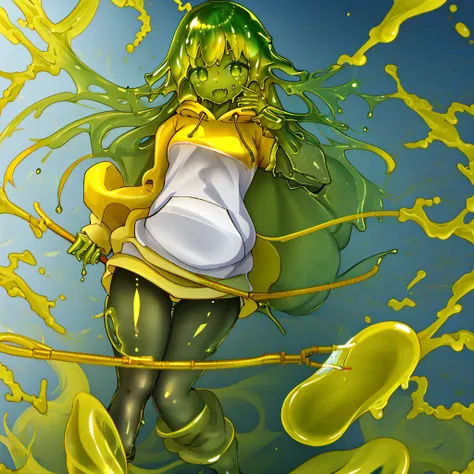 ,1girl,(slime girl), viscous yellow skin,high quality,(((slime sports sweatshirt))),translucent body, transparent skin,