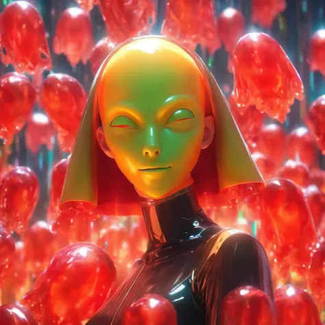 Semi-body shot, Ultra Realistic Photo, Beautiful model wearing an avant-garde jelly alien nun mask, rendering by octane