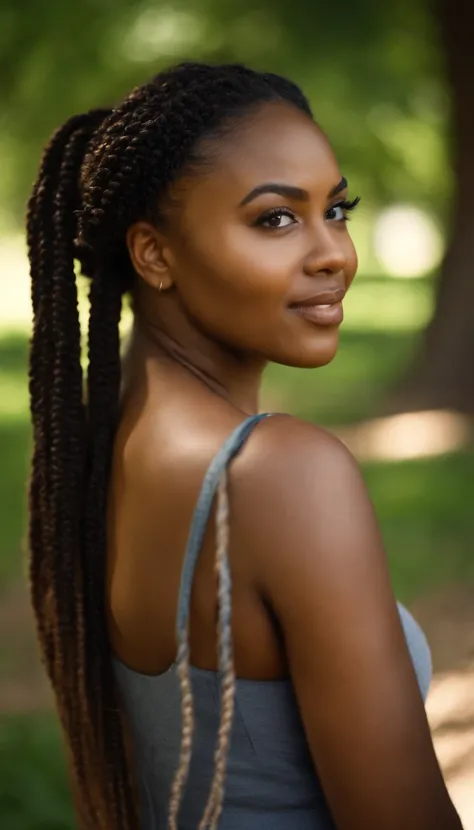 an image of a black woman with braids, in a park, out of this world beautiful, curvy, nice brown skin, sundress, pretty eyes, honey brown eyes --ar 69:128 --s 750 --v 5. 2