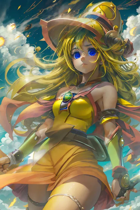 ((obra maestra)), ((La mejor calidad)), ((Super detailed)), (Highly detailed CG illustration), Impresionante fondo negro y dorado, fondo de nube blanca cielo, chica dark magician girl cosplay super Saiyan Sun Goku de pie sobre una nube amarilla, The cloud ...