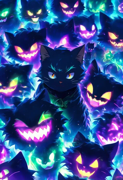 (best quality:1.2, ultra-detailed, photorealistic:1.37), portraits, Cat Halloween Party, black cat, Mofumofu, purple, green, neon, vibrant colors