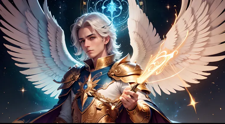 um personagem masculino bonito meia idade, o arcanjo Miguel, imagem celestial, detalhes intricados, realista, asas ROSAS e grandes, fundo angelical, Catholic illustrative image of the archangel Michael, Male character of the Bible, Michael is wearing his a...