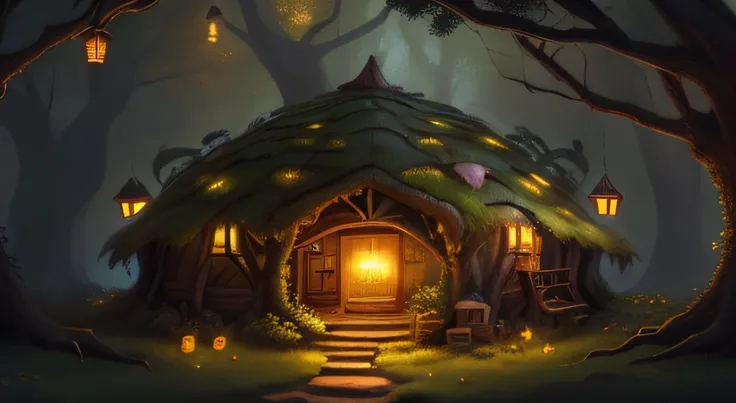 An elven Anthill like hobbit house, in an autumnal undergrowth setting, lanterns hanging from tree branches, glittering butterflies and fireflies, 4k, semi-realistic