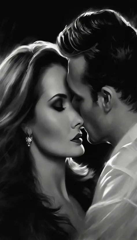 a romantic couple kissing, Oil Painting, Harsh brush strokes, Dramatic Lighting, intense expression, Smoke rises in the background, Black and white with a touch of gold, Realism. (Best Quality, hight resolution, Ultra-detailed), (Realistic:1.37), Professio...