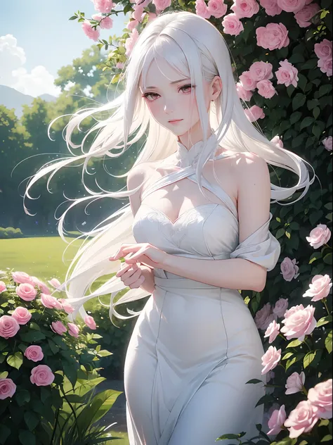 (best quality, ultra-detailed), young mature woman, white hair, red eyes, pale skin, delicate appearance, porcelain-like skin, elegant facial features, flowing white dress, subtle blush on cheeks, serene expression, gentle smile, tall and slender figure, s...