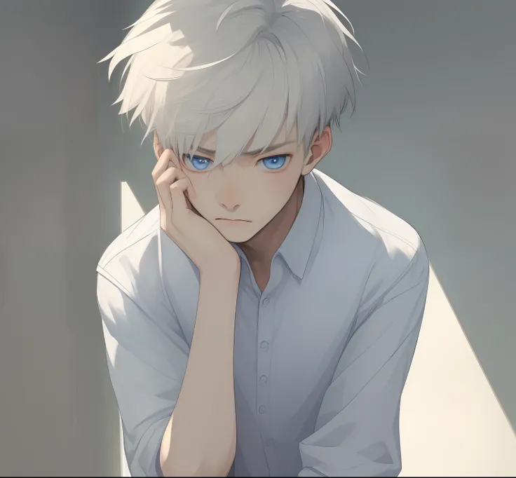 (masterpiece, best quality:1.2), solo, 19 years,1boy, Embarrassed, hiding face, looking at viewer, short white hair, thin high deatiled Blue eyes