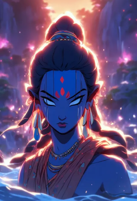 (((Parvati))) best quality, ultra-high resolution, 4K detailed CG, masterpiece, Parvati, Indian woman, standing, expression of sadness, cried, river, beautiful image, centered on screen