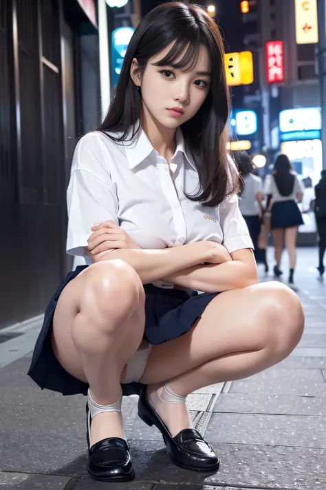 1womanl、(Super beautiful)、(beauitful face:1.5)、Clear pubic contours、Squatting、Spread your legs、(white  panties:1.4)、(high-school uniform)、(Dark blue pleated skirt)、(Wear black loafers)、(Sidewalk in Shibuya at night)、Neon sign、(At SFW:1.1)