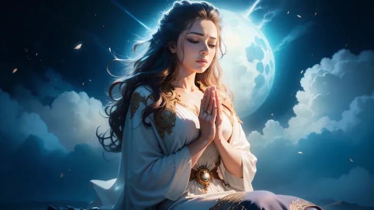 photorealistic portrait of a beautiful woman praying, ((kneeling posture: 1.5)), light hair, 25 years old, stunning realistic photography, (aqua hair: 1.2), (sweater: 1.2), eyes closed, full body, cape, painting hyperdetailed, luminism, bar lighting, compl...