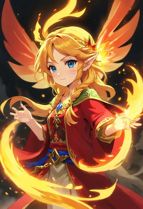 Fairy, fiery locks of hair, glowing with yellow fire inside and out, glowing red robe of fire, masterpiece, best quality