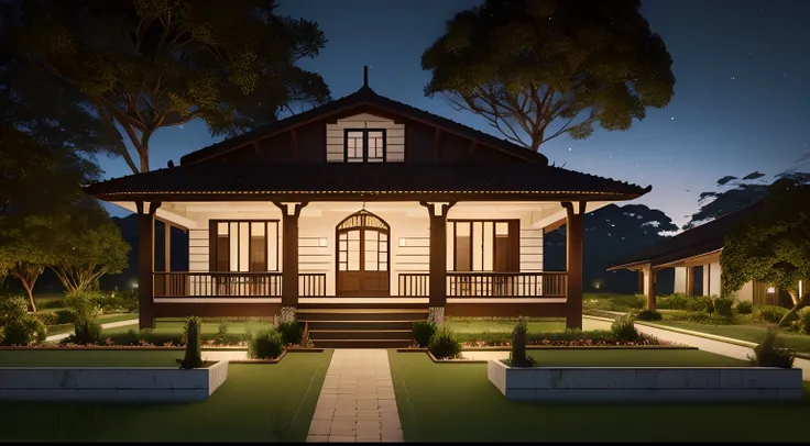 casa grande no campo, Vista externa frontal, (Um andar), ((Estilo colonial moderno)), No meio da floresta, rodeada de campo gramado,muito detalhado, melhor qualidade, muita detalhado,Lumion Pro Rendering, night ligthning, cinematic quality