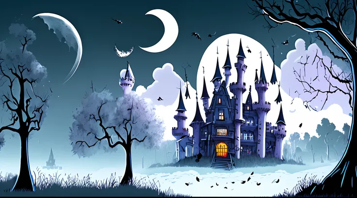 Cartoon horror background , 4k ultra high quality, horror castle behind, tree, white moon , horror weather , many things fly in sky , in cartoon , cartoon graphic backgrounds