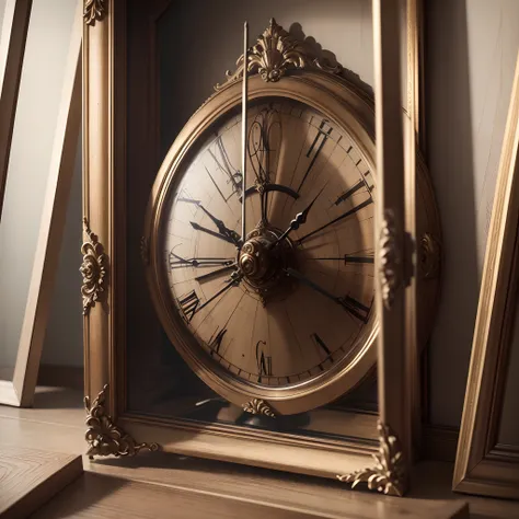 An antique clock on the background of a frame, cinemactic, ultrarealista