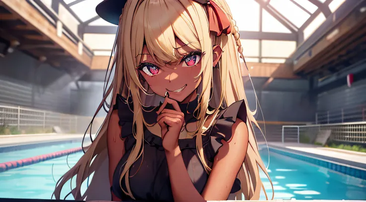 grin、Devil Girl(succubus)、braided bangs、ooking away、Cowboy Shot、Wet、Wearing a black ruffled bikini、long tongue、"(dark tan skin)"、Hairstyle braided bangs、Hair color is blonde、No accessories on、No hat、cheeks are stained red、Location is a pool、Star Knight