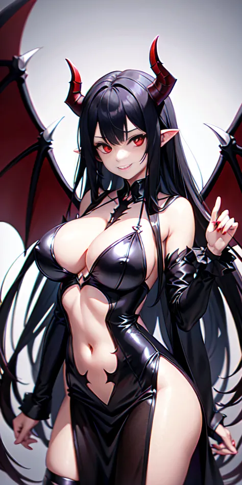 Demon, Demon Girl, black hair, red eyes, Demon Wings, Dimension of Demons, hell, smile, revealing clothes, big breasts