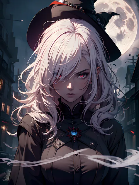 (best quality,ultra-detailed),red vibrant eyes,white hair,young mature,witch,colored smoke,night background,full moon,dark atmos...