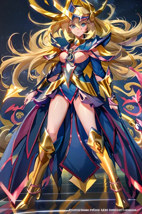 Dark magician girl cuerpo completo,Ultra-high saturation，（tmasterpiece）， foto de cuerpo completo，（mejor calidad）， （1girll chica maga oscura）， Starryskybackground，Usando armadura dorada brillante， Sexy lingerie armor，Exponga su pecho，pechos desnudos, Expone...