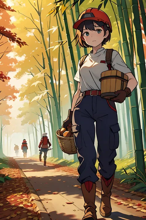 (masterpiece), best quality, expressive eyes, perfect face, A short-haired girl wearing a red jersey, a safety helmet, pants tucked into her boots, and work gloves is walking in a thicket during the day, carrying a large bamboo basket on her back and holdi...