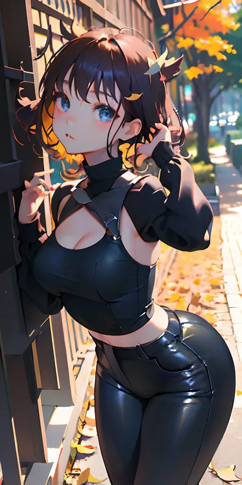 realisticlying、girl with、Outdoor Fashion、Autumn leaves Autumn leaves、Beautiful ginkgo tree、Slightly larger breasts with an emphasis on cleavage、Sexy Posing、Nature views