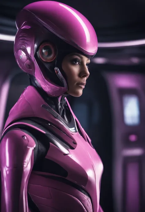 An alien inside a starship wearing a realistic pink alien medical suit, a hyper-detailed alien, pink and purple and alien, alien looking, space alien Ete-Grey , Portrait of a large alien pupil Almond Exotic alien Pink Portrait of a humanoid alien, An alien...