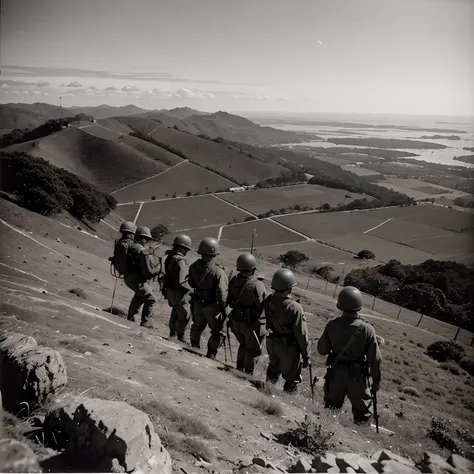 Soldados brasileiros na subida do monte Castelo, em 1945, sob tiros vindo do alto do monte.