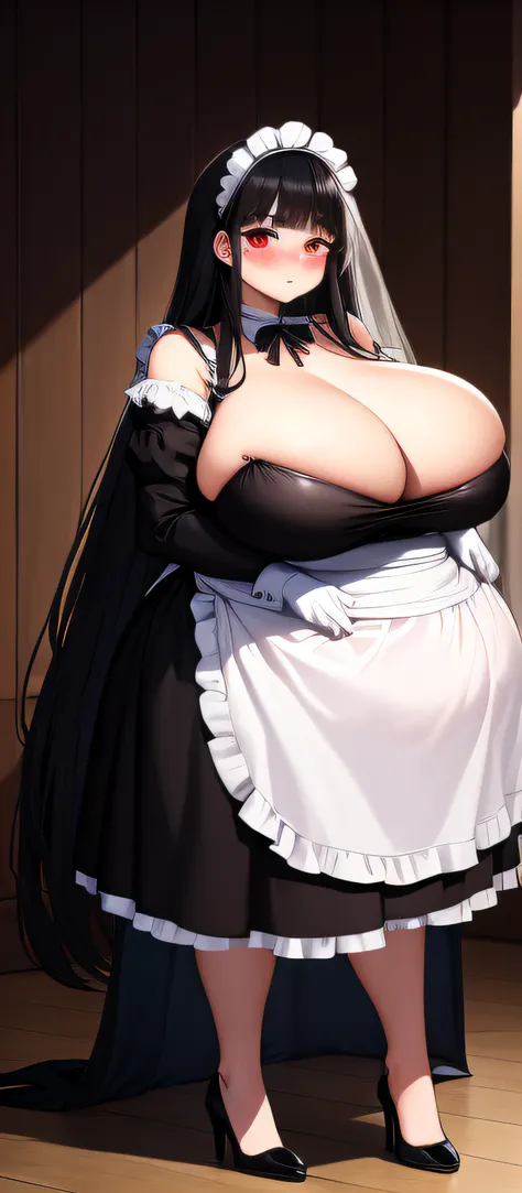 realistic, 1girl, black hair, very long hair, wear bride veil, straight hair, blunt bangs, (red eyes), (glowing eyes), blush, ((((white maid dress, fully clothed)))), ((big breast)), maid headband, white hand gloves, high heels, ribbon, night, indoor, star...