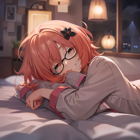 Best Quality, ​master piece, 1girl in, Solo, black-framed eyewear, pink orange hair, Brown eyes, Short_bobhair_hair, Flat_Chest, grin, pajamas, laying down on the bed, sleepy, (Night:1.5),