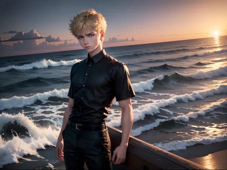 realistic image in 8k of a 15 year old young man, blond, strong, short hair combed back, blue eyes, square cheese, dressed in a black blouse and black pants, cold expression, looking down, conjuring a sphere of energy, scenery of a pier at sunset, anime st...