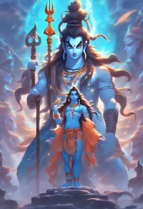 (((God Shiva))) best quality, ultra-high resolution, 4K detailed CG, masterpiece, Shiva, trident, standing, in front, child, India clothes, Hindu mythology, standing, ((Shiva looking at the child ))Hindu image, aesthetic, beautiful, centered camera