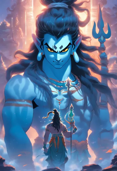 (((God Shiva))) best quality, ultra-high resolution, 4K detailed CG, masterpiece, Shiva, trident, standing, in front, child, India clothes, Hindu mythology, standing, ((Shiva looking at the child ))Hindu image, aesthetic, beautiful, centered camera