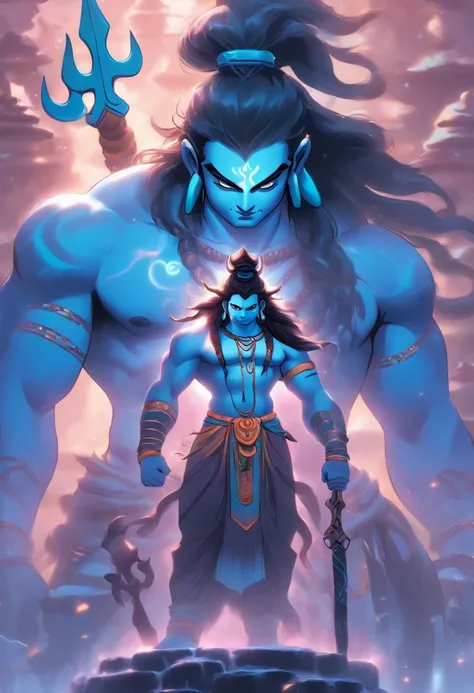 (((God Shiva))) best quality, ultra-high resolution, 4K detailed CG, masterpiece, Shiva, trident, standing, in front, child, India clothes, Hindu mythology, standing, ((Shiva looking at the child ))Hindu image, aesthetic, beautiful, centered camera