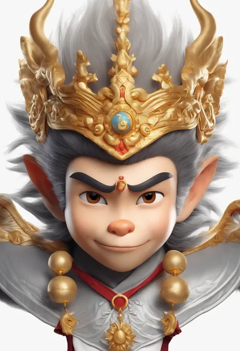 illustration of child cute Sun Wukong, the mischievous and clever Monkey King from Journey to the West, Headshot, 3D art, c4d, pure white color background, Disney style, Super detail, 8K