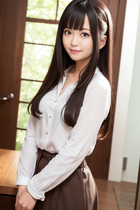 of the highest quality, masutepiece, 超A high resolution, (Photoreal: 1.4), Front view, Half body, western clothes, famous japanese actress, a very beautiful woman, Cute, Nice smile, Cinematic 35mm lens, F/1 .8, Accent Lighting, 8K, a room, Beautiful double...