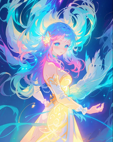 beautiful anime girl in multi-layered ballgown with puffy long sleeves, vibrant pastel colors, (colorful), magical lights, colorful long hair made of liquid light, sparkling lines of light, inspired by Glen Keane, inspired by Lois van Baarle, disney art st...