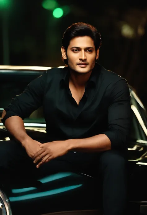 Telugu hero Mahesh Babu in black dress long hair with brown shade sitting on a car with cigarette