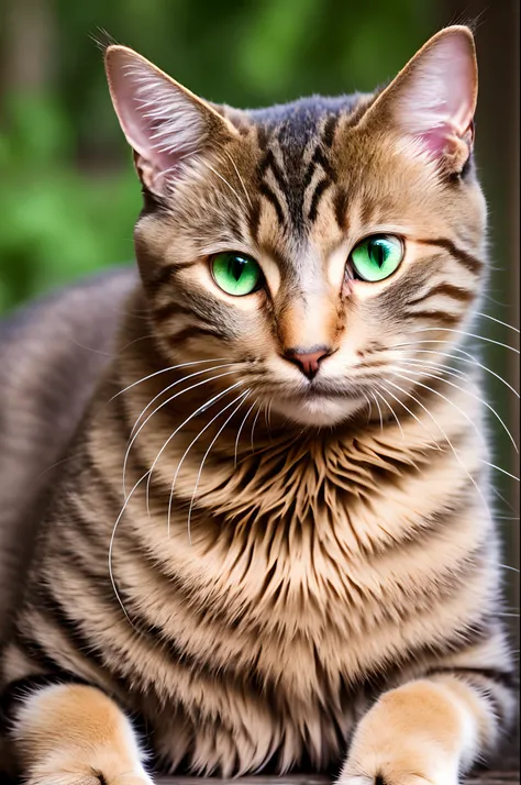 Fluffy brown tabby cat with bright hazel eyes