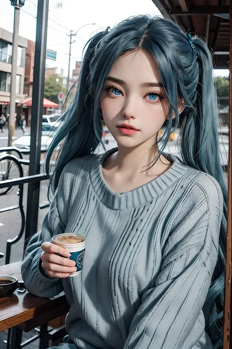 1sona , sona face, blue hair, blue eyes, ojos agudos, ojos rectos, gradient hair, twintails, hair ornament, Brittbeck cute 20 years very happy, wearing a sweater without shoulders, sexi body, big bobs, Retrato en primer plano, 2015 in an outdoor café, Luz ...