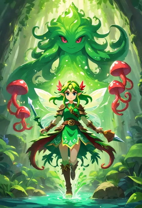 Fairy, green slime armor, red tentacles and tendrils, oozing slime, creepy, masterpiece, best quality